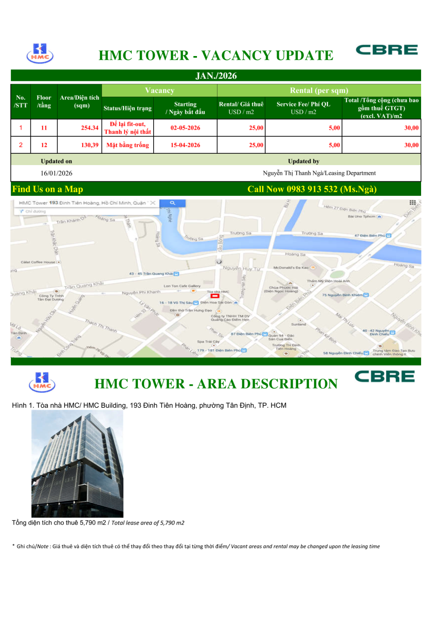 HMC Tower - BẢNG CÂP NHẬT VĂN PHÒNG TRỐNG CHO THUÊ (01/2026)