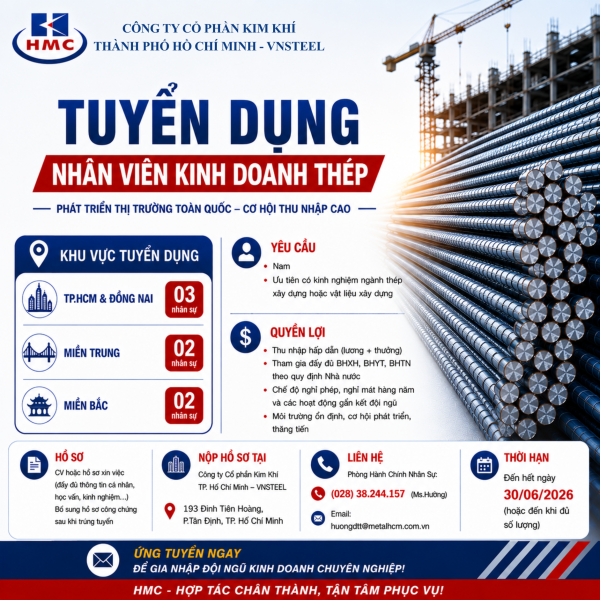 TUYỂN DỤNG NHÂN VIÊN KINH DOANH THÉP, PHÁT TRIỂN THỊ TRƯỜNG