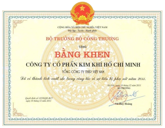 Bằng khen thưởng bộ công thương 2011